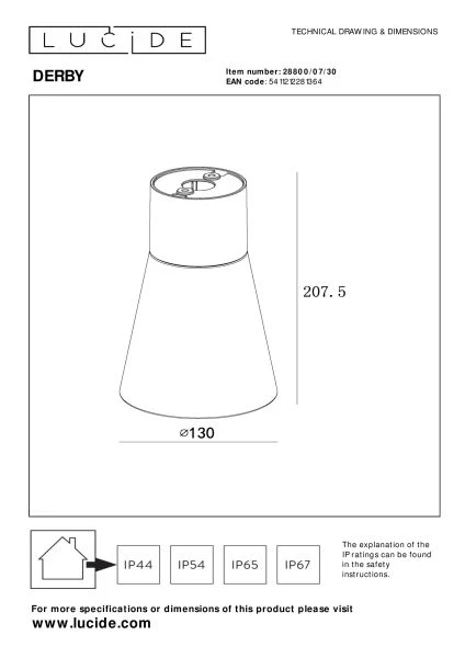 Lucide DERBY - Plafonnière Binnen/Buiten - LED - 1x9W 2700K - IP65 - Zwart - technisch